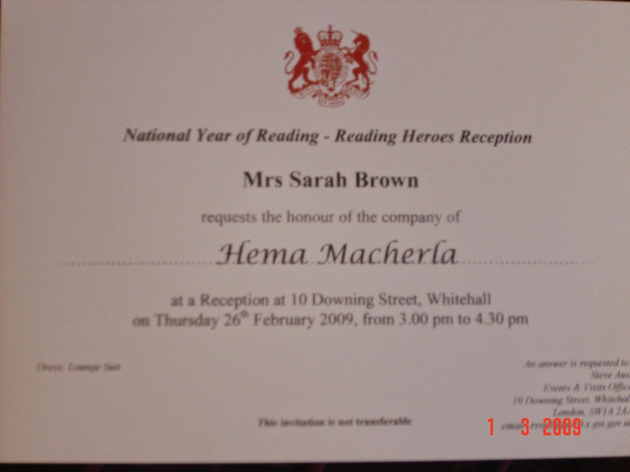 My Reading Hero award invitation from 10 Downing Street in 2009 