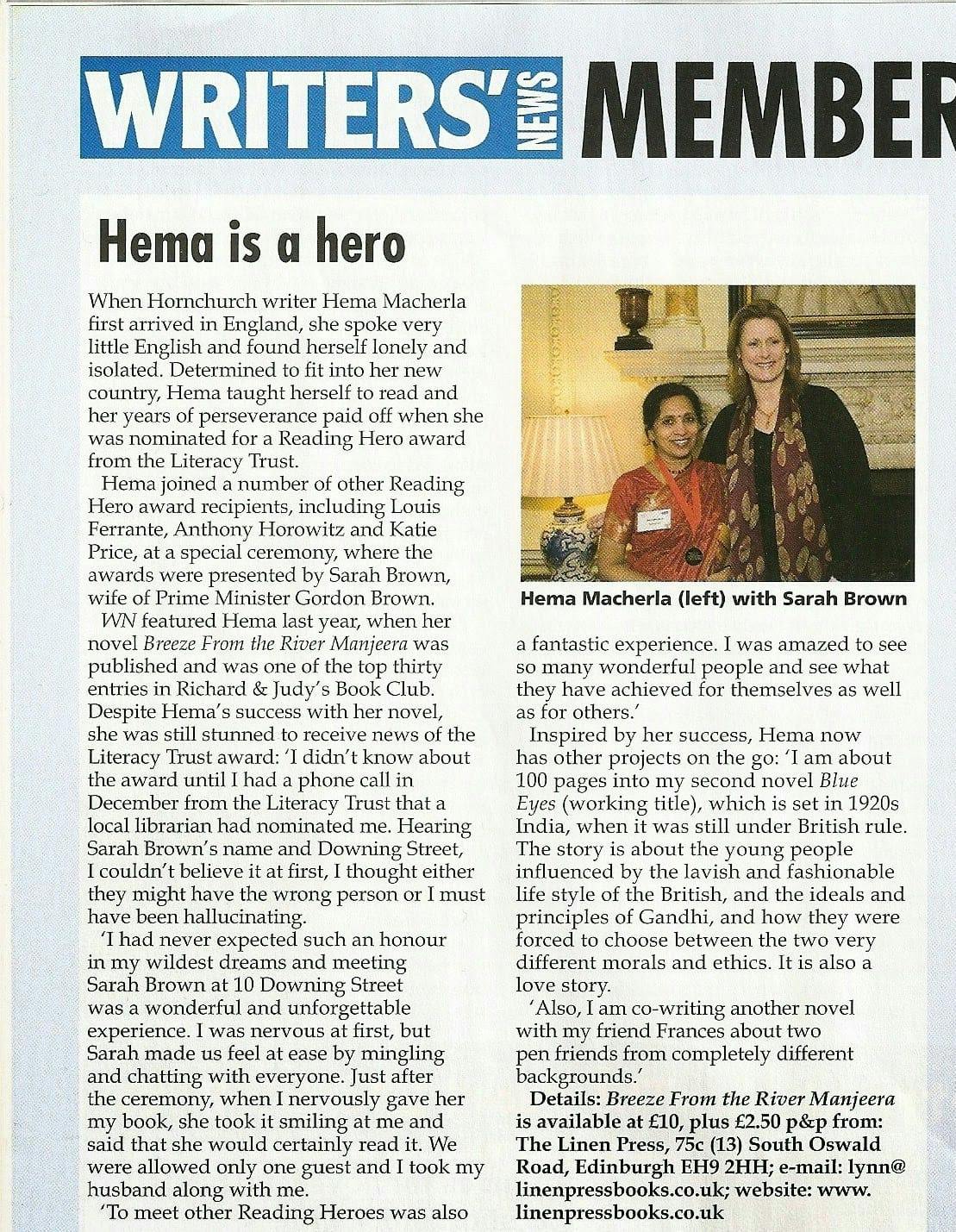 My Reading Hero award featured in the 'Writers' News' magazine 